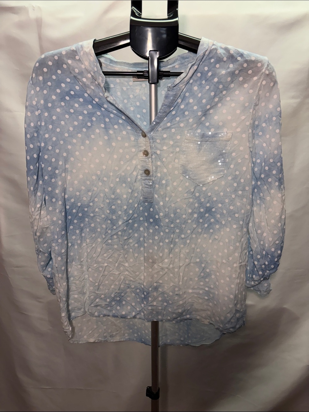Femme Fatale Light Blue Polka Dot Henley Blouse with Sequins